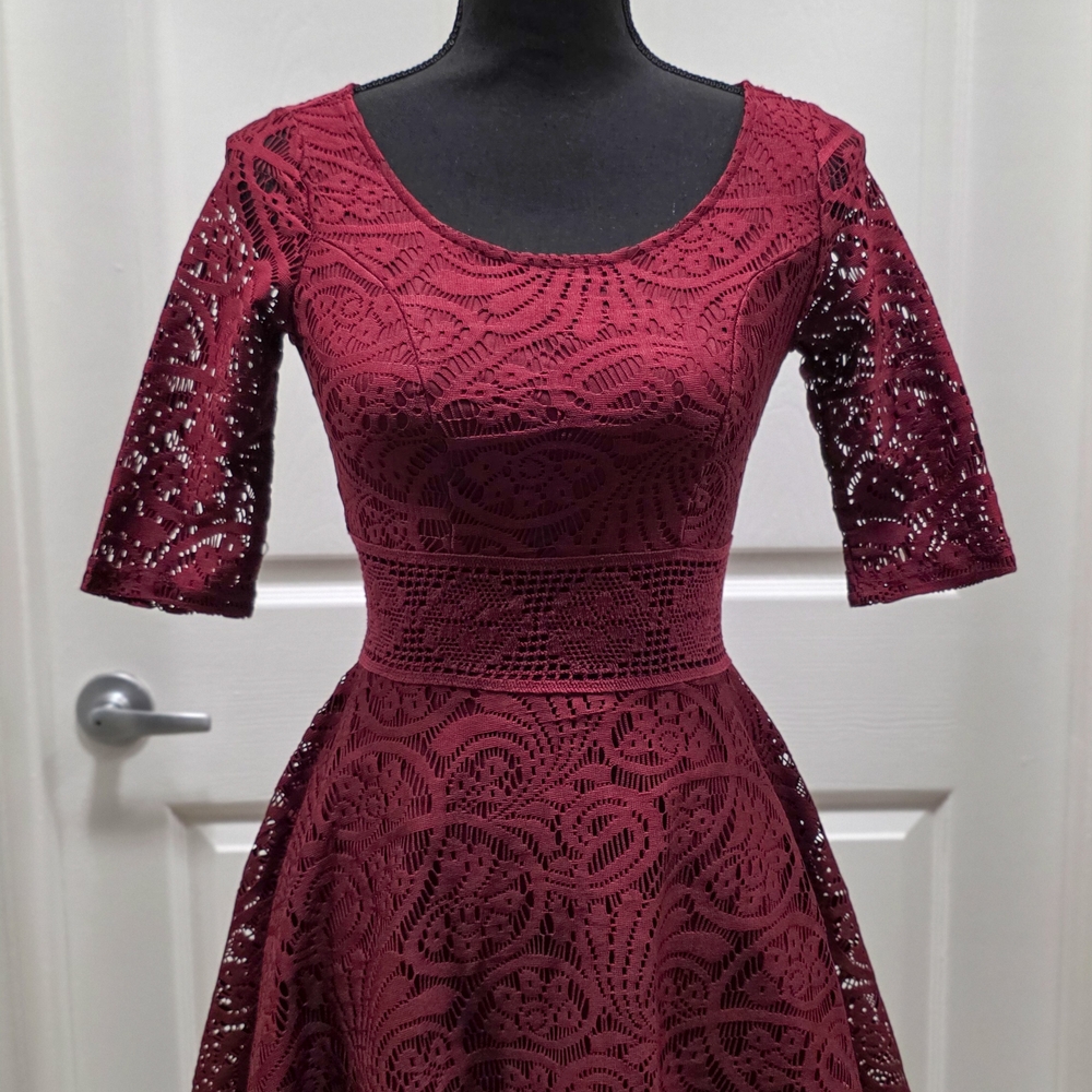 American Rag Red Fit and Flare Midi Dress with 3/4 Sleeves